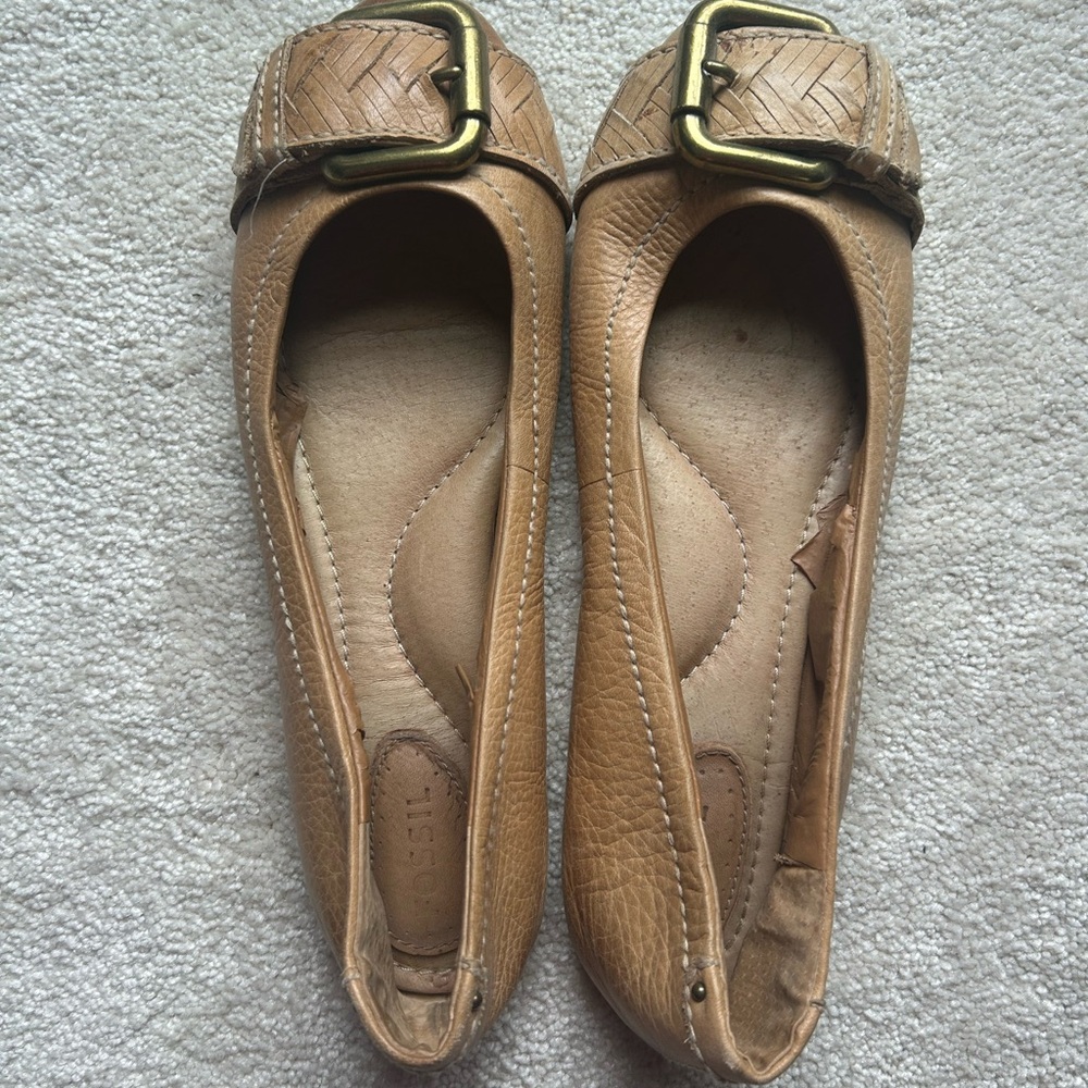 Tan Leather Flats with Buckle Detail
